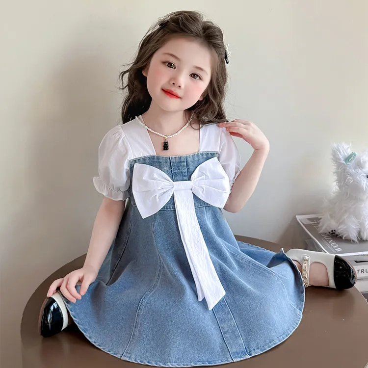 女童夏装牛仔蝴蝶结连衣裙2025新款洋气儿童夏季薄款裙子女宝衣服