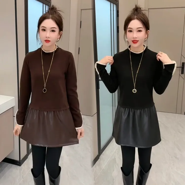 女拼接皮圆领2025冬季新款中长款显瘦时尚百搭长袖宽松纯色连衣裙