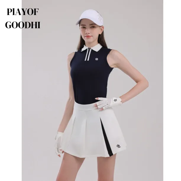 高尔夫服装女夏无袖翻领防晒速干运动背心网球服高尔夫女裙运动裙