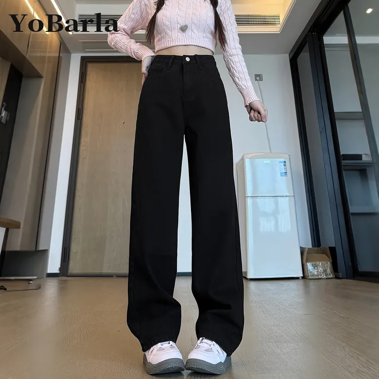 黑色窄版直筒牛仔裤女冬季加绒大码胖mm宽松显瘦梨形身材阔腿裤子