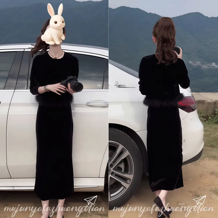 今年秋冬流行时尚套装圆领套头设计感长袖丝绒上衣高腰半身裙女