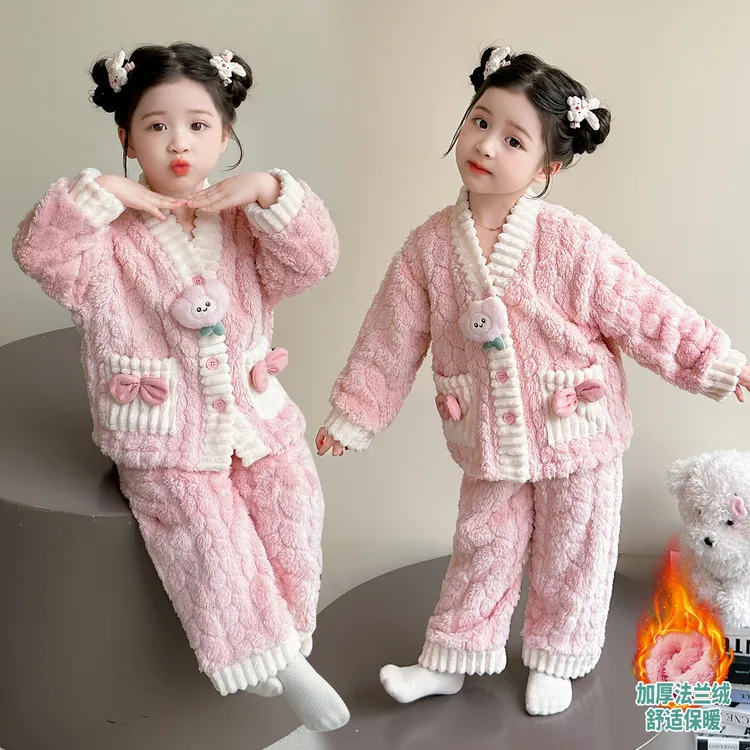 女宝宝冬季公主风法兰绒儿童家居服女童睡衣秋冬季加厚珊瑚绒套装