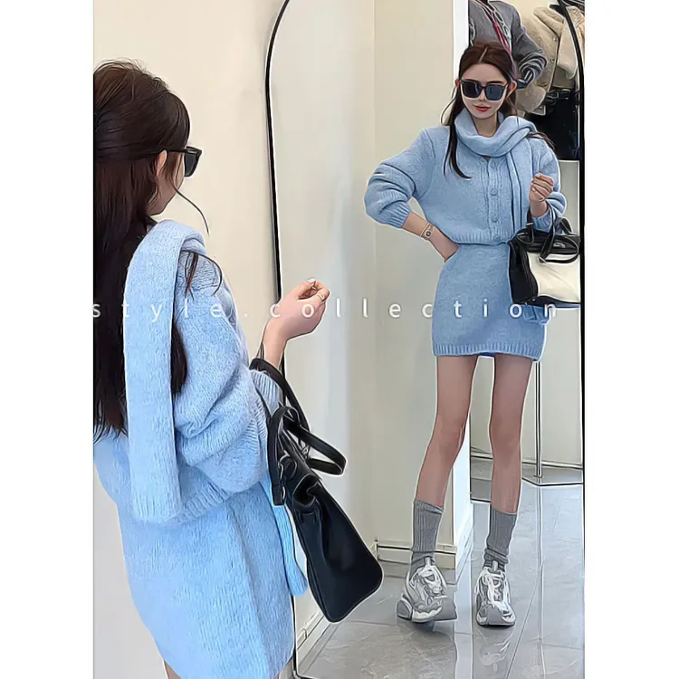 K2024春秋新款时尚休闲v领开衫+修身显瘦半身裙配围巾三件套女