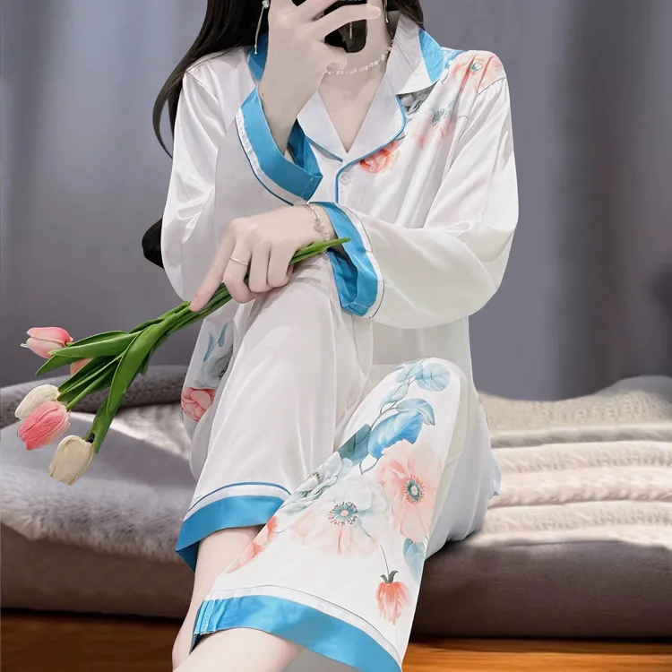 家居服长袖睡衣女春夏轻奢2025新款复古国风印花冰丝滑套装高级感