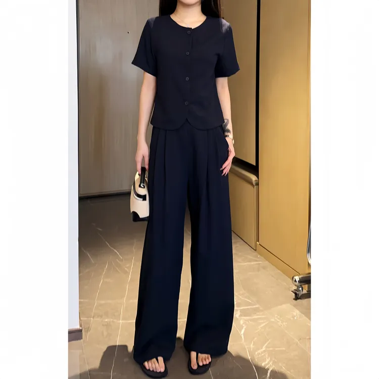 【XINRU心如】藏蓝色时尚套装女圆领衬衫上衣宽松阔腿裤休闲两件套