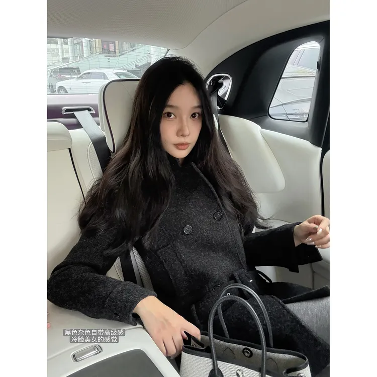施薇靓 韩女大衣 精工羊毛混纺翻领双排扣呢大衣中长款外套