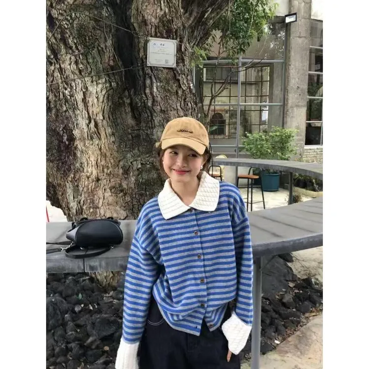 小香风条纹polo领长袖毛衣针织衫女早秋季慵懒松弛感穿搭外套上衣