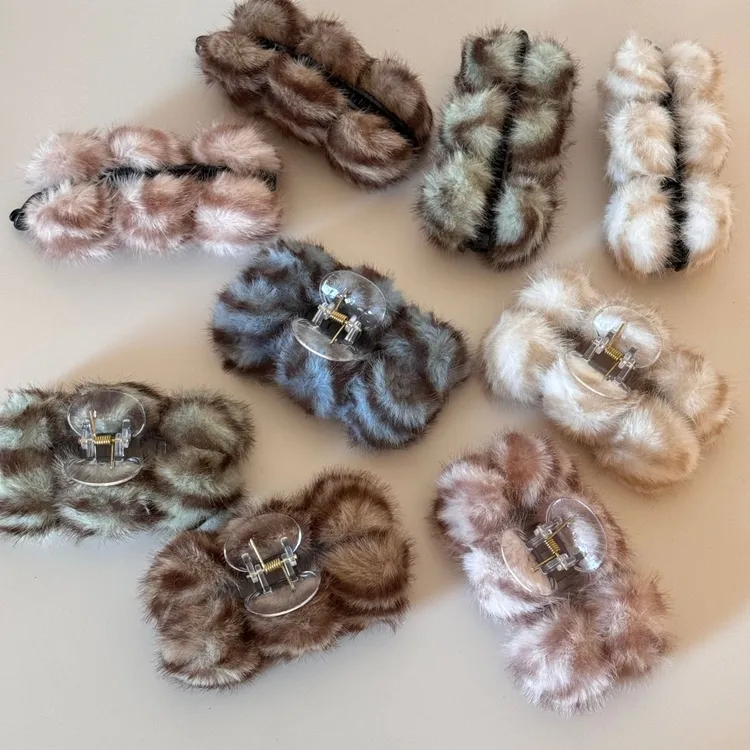 虎斑纹毛球球发夹秋冬毛绒气质夹子网红可爱抓夹头饰香蕉夹发饰