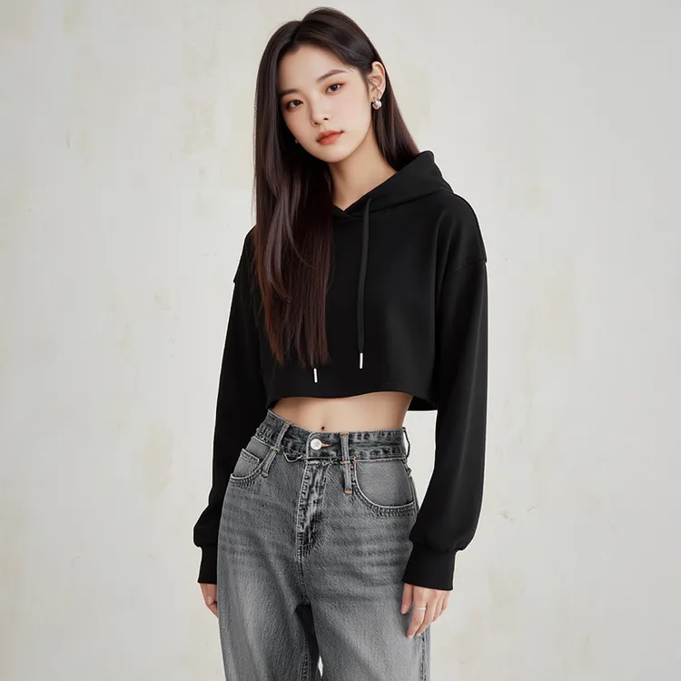 连帽卫衣女薄款2025新款美式短款帽衫宽松慵懒韩系套头上衣春秋季