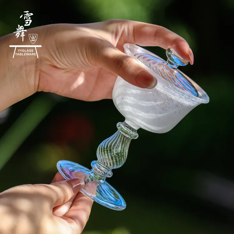 yyglass.雪舞冰织系列高硼硅耐高温玻璃茶具全手工吹制高足盖碗