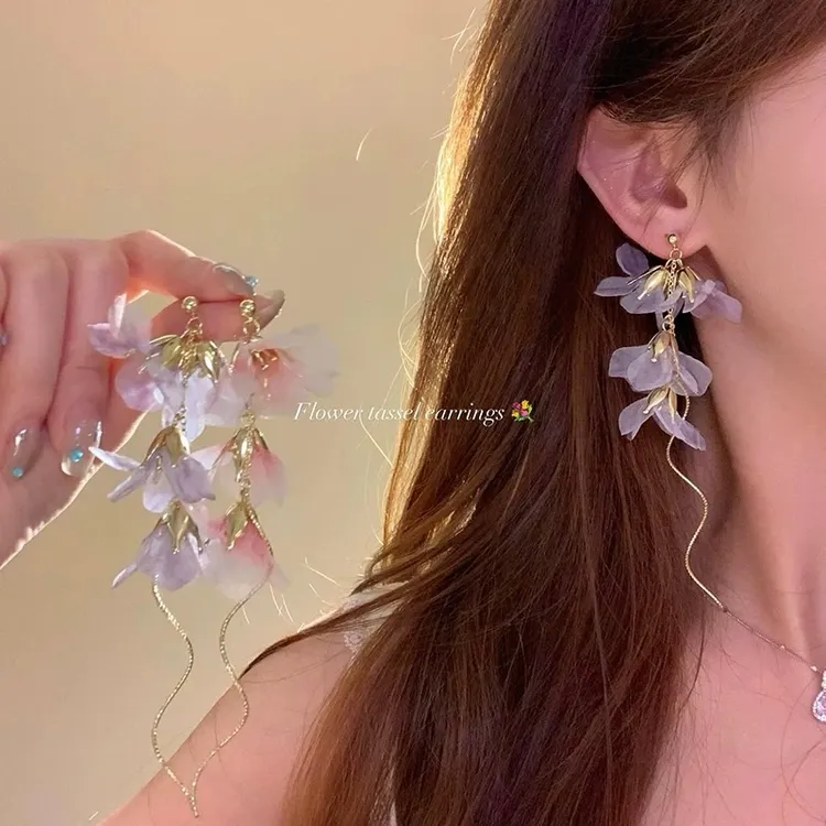 合金耳饰 超仙夏日紫色铃兰花流苏耳环女度假风绝美花朵耳饰耳坠