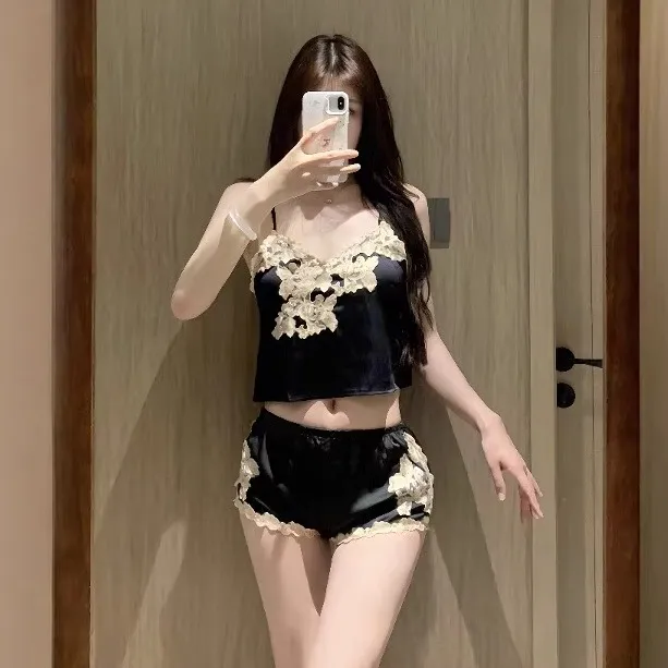 黑色性感冰丝吊带睡衣两件套夏季2025新款蕾丝睡衣家居服夏天