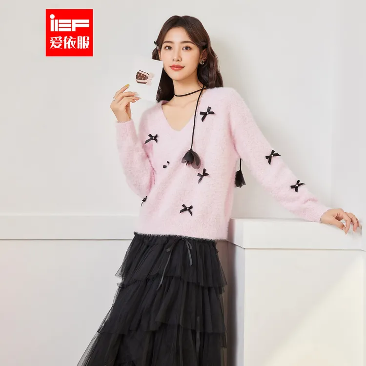 IEF/爱依服2025秋冬新款法式甜美淑女风蝴蝶结V领百搭毛织上衣