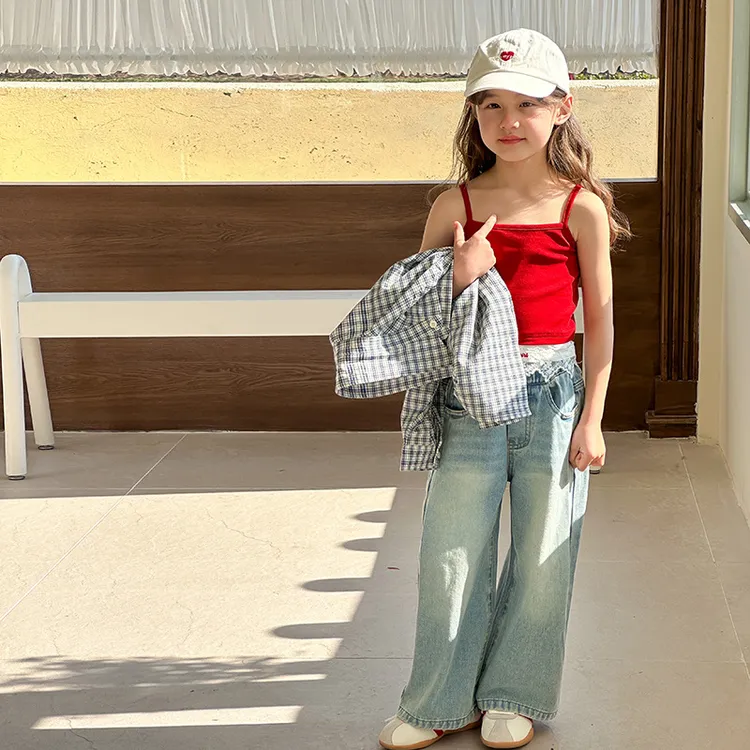 伊甸园童装女童短款时髦辣妹吊带潮儿童甜美拼接蕾丝字母小背心