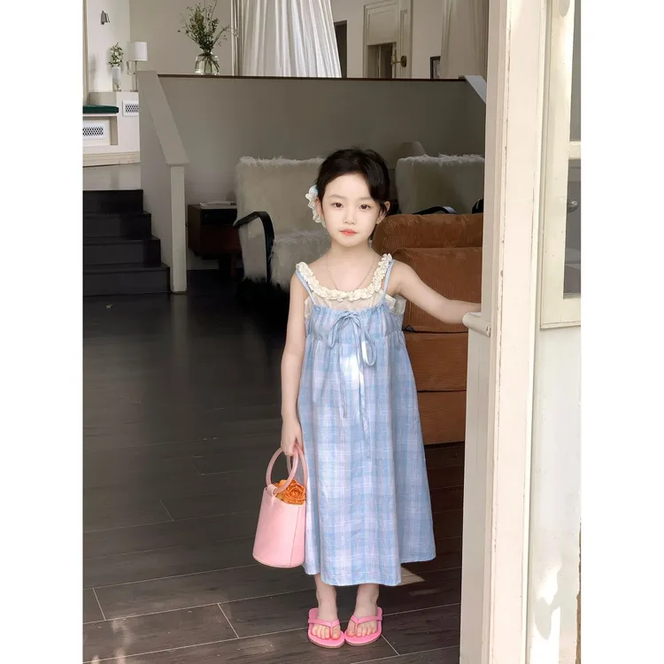 小粉象 ·夏季新款女童韩版连衣裙海边度假沙滩裙洋气格子吊带裙