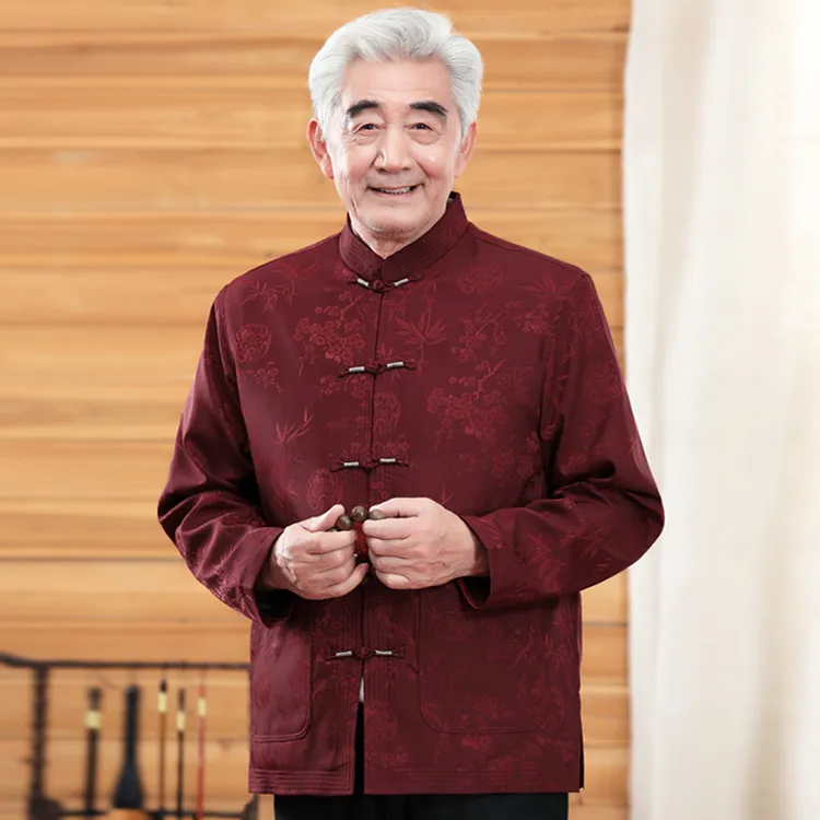 爷爷春装外套唐装中国风中老年人爸爸婚宴老人过大寿男款红色中式