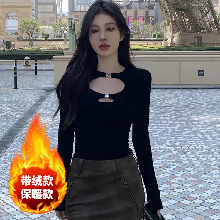 纯欲风金属扣缕空长袖T恤女2025新款性感修身显瘦内搭打底衫上衣