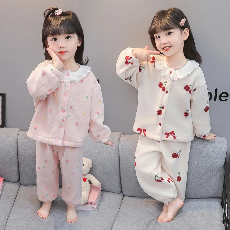 女童睡衣冬季儿童半边绒甜美开衫法兰绒家居服宝宝秋冬加厚珊瑚绒