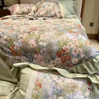 秘密花园绿全棉新疆长绒棉法式花边四件套被套床单枕套