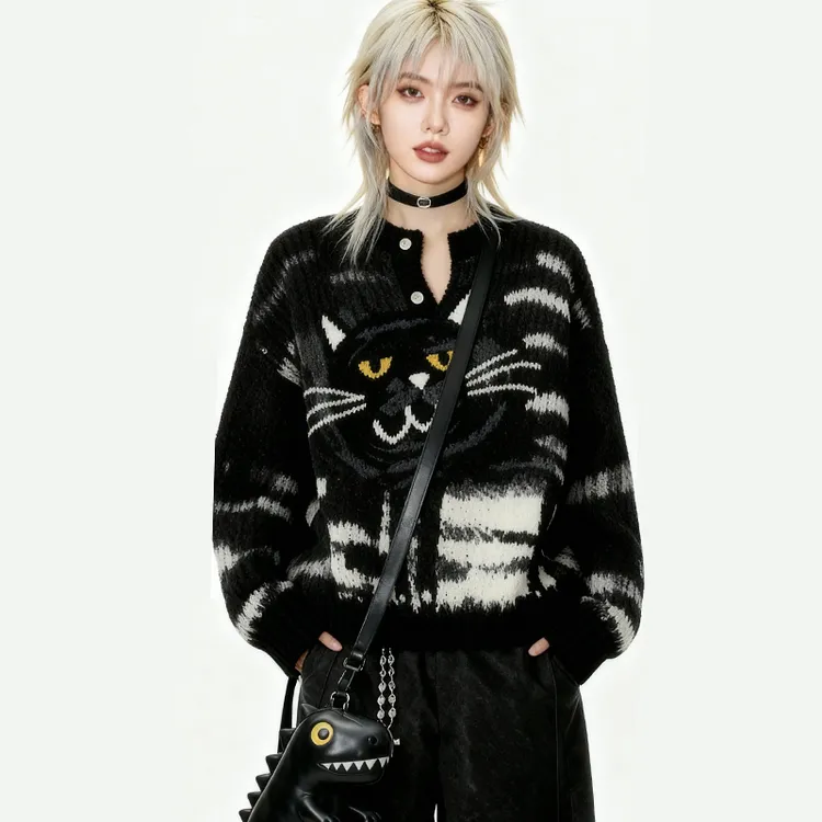 大聪明猫猫羊毛混纺提花刺绣毛衣套头情侣秋冬潮牌设计师针织衫