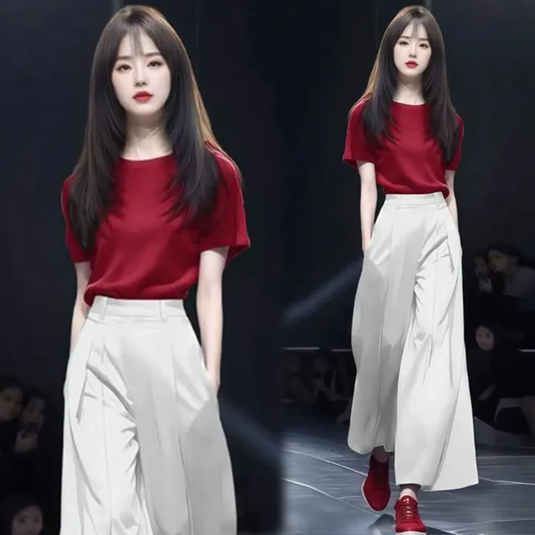 拉夏贝尔2025新款夏季新款高级感显瘦遮肚短袖上衣阔腿裤两件套女