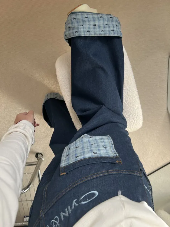 美式复古设计感牛仔裤女2025春季蝴蝶结格子拼接长裤直筒拖地裤子