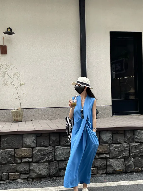 JIAHUI法式蓝色无袖背心连衣裙女夏季海边度假休闲设计感百搭长裙