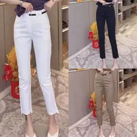 3063（丹姐家）大码胖百搭新款修身高腰显瘦拼接腰烟管九分直筒西裤