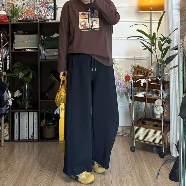 YZJ【栗子蛋糕】秋季大码港风阔腿裤弧形裤复古厚款高腰休闲长裤女