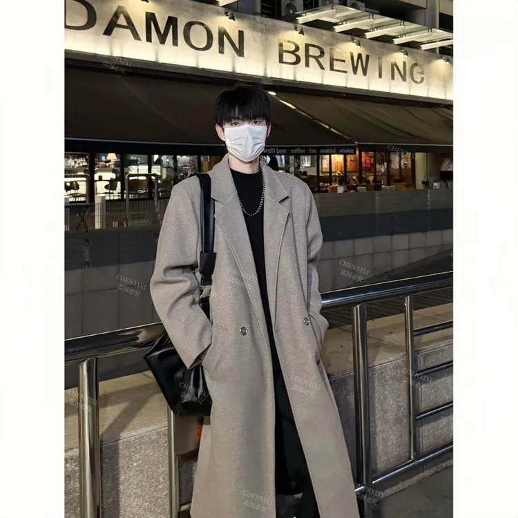 黑色中长款毛呢大衣男冬季夹棉加厚呢子风衣外套高级感赫本风大衣