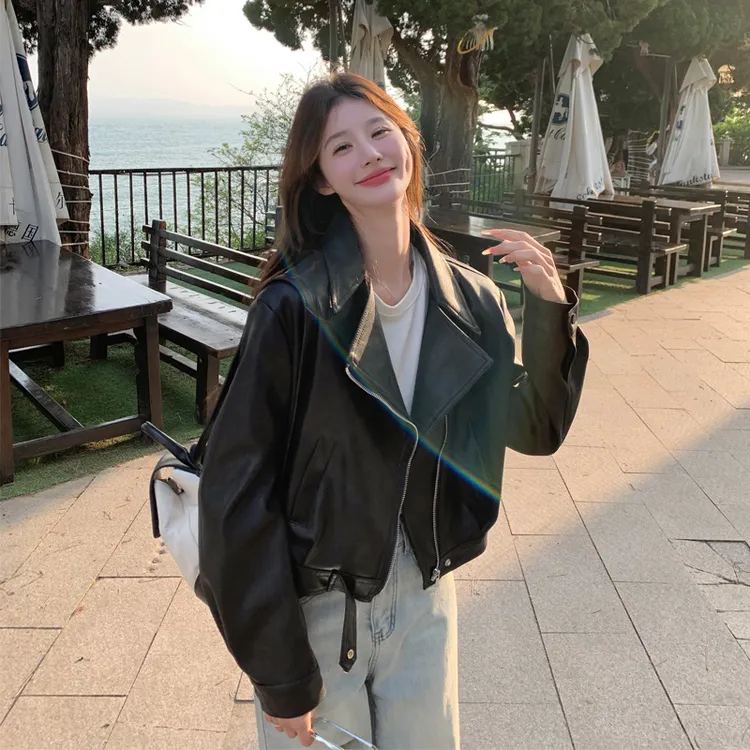 黑色机车风皮衣外套女2025春秋新款复古工装韩系穿搭短款PU皮夹克