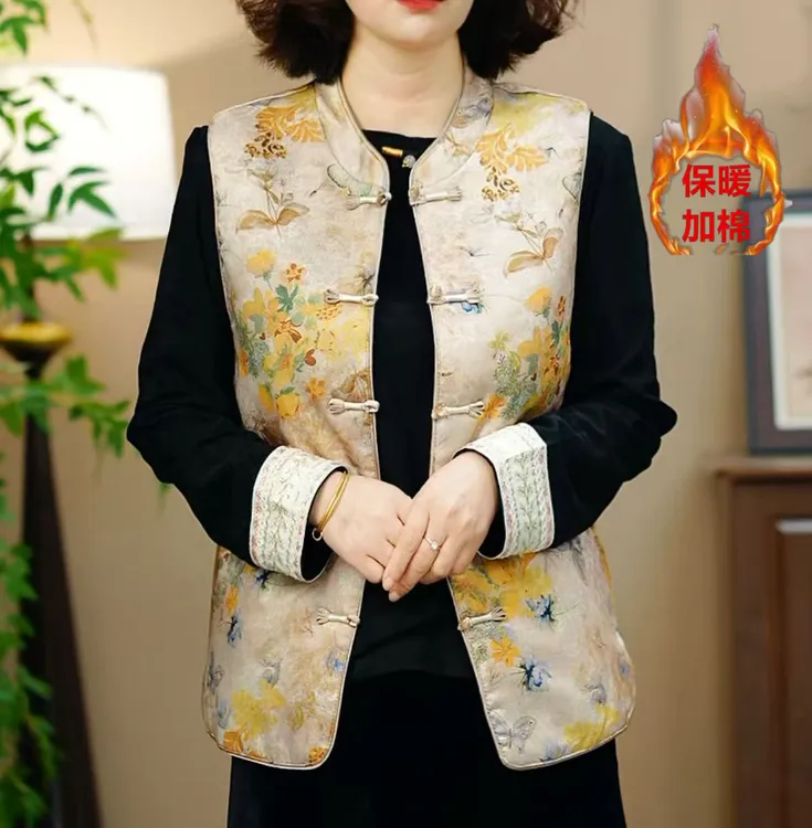 加厚加棉立领文艺风复古印花上衣纽扣马甲中国风百搭559