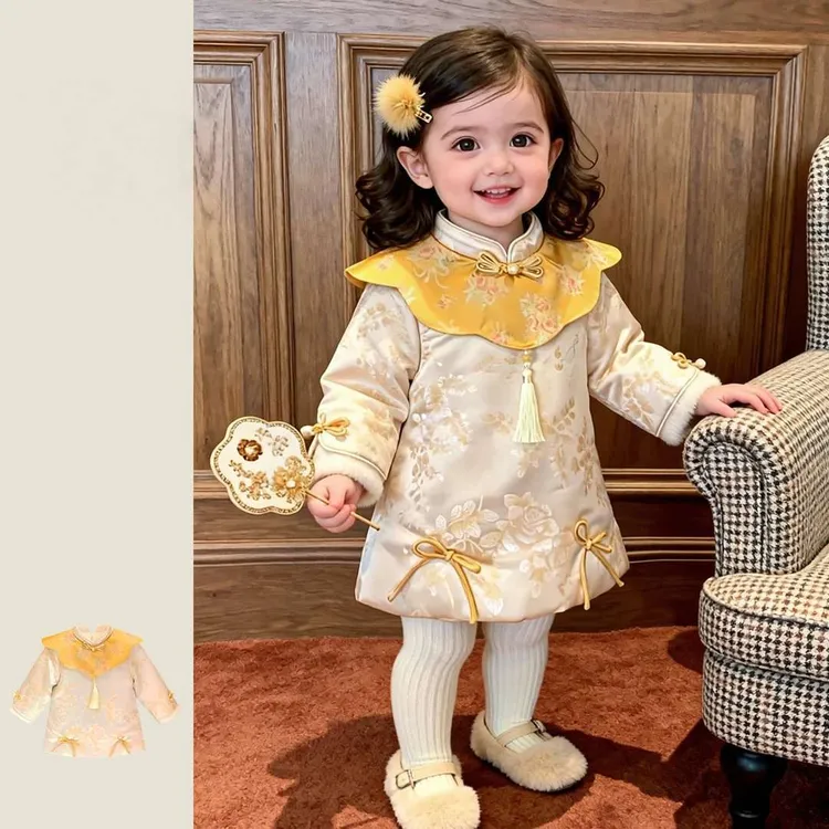 女童国风连衣裙周岁礼服新年2026新款冬季中小童可爱女宝宝拜年服