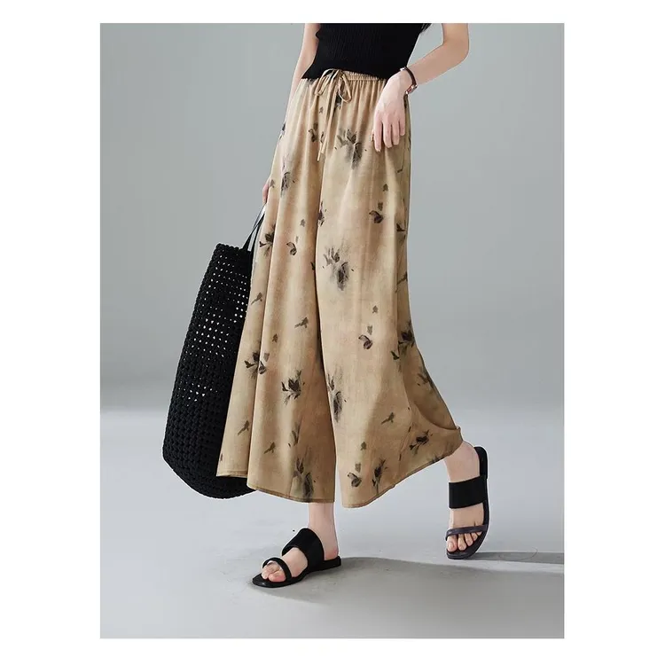 SS759夏季新款宽松显瘦高腰水墨印花休闲裤子阔腿裤女国风