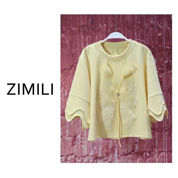 【亮哥女装】2025欧版鹅黄色郁金香立体盘花时尚短袖8580