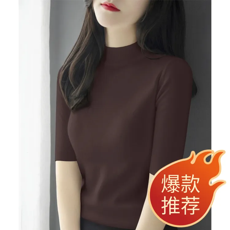 秋季时尚套头五分袖打底衫修身新年新款女装红色半高领中袖针织衫
