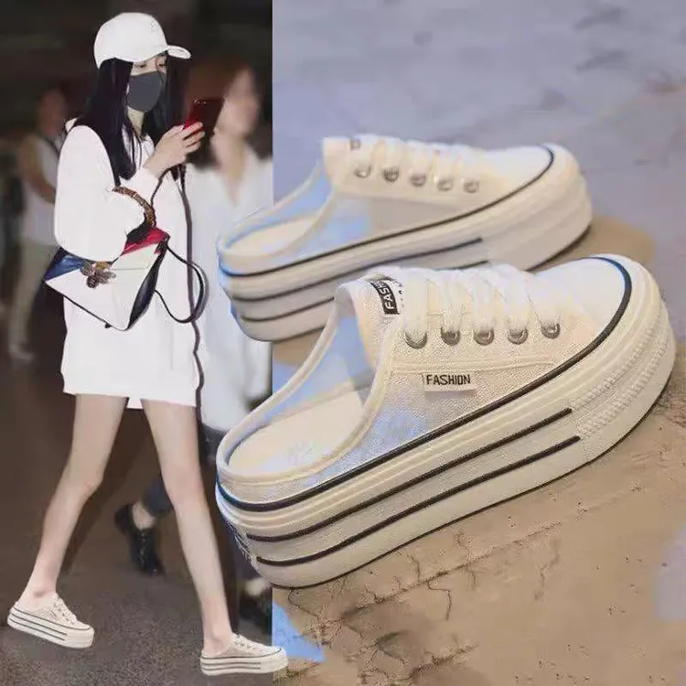 SHOEBOX鞋柜女鞋包头拖鞋女2025新爆款厚底透气网鞋一脚蹬帆布鞋
