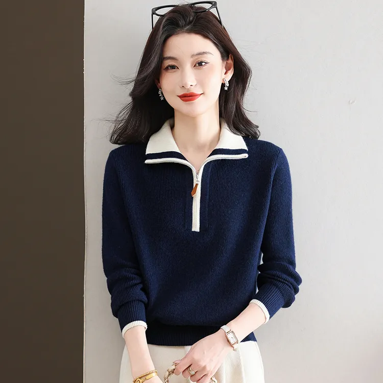 品牌女装秋冬半拉链毛衣女套头内搭宽松时尚洋气翻领打底衫