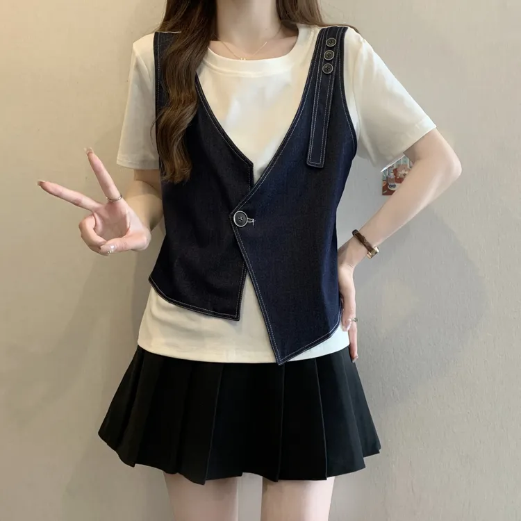 大码遮肚子设计感洋气假两件短袖t恤女夏季胖mm宽松显瘦百搭上衣