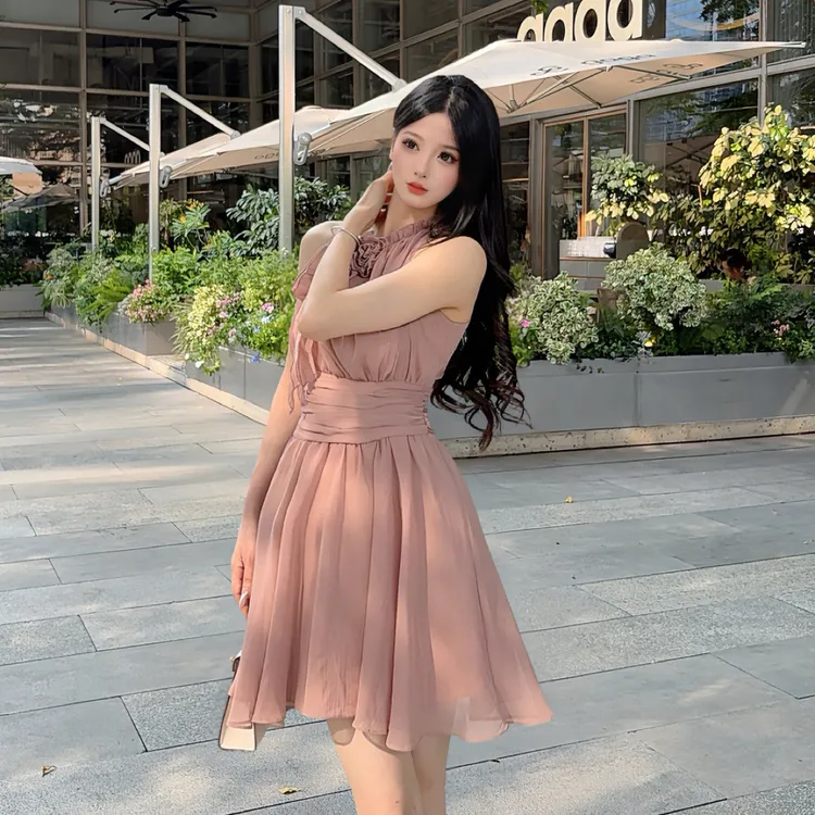 【CUTE专属】优雅甜美气质洋气花朵装饰显瘦豆沙粉收腰连衣裙纯欲