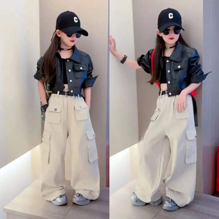 女童春秋潮酷短款皮衣洋气外套中大童宽松痞帅工装裤阔腿裤两件套