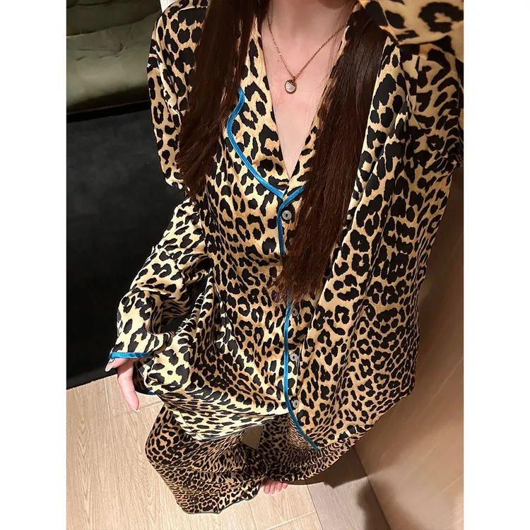 【黑皮豹纹】冰丝睡衣女早秋新款可外穿慵懒风长袖春秋家居服套装夏