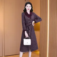 优雅新款气质时尚大气减龄休闲收腰紫红色显瘦连衣裙27943