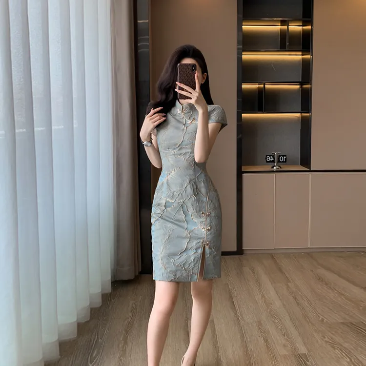 修身印花中国风包臀裙夏季薄款复古直襟旗袍低开衩法式蕾丝连衣裙