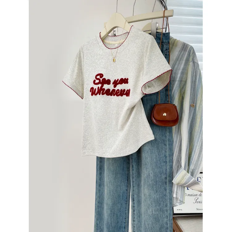 简约设计感花边圆领短袖T恤字母植绒刺绣宽松休闲显瘦正肩上衣女