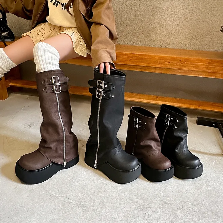 厚底增高长靴女短筒靴小个子堆堆裤管靴子长筒骑士靴肥筒时装靴