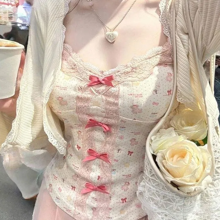 甜美蕾丝花边吊带背心T恤女法式蝴蝶结短款修身打底衫上衣ins