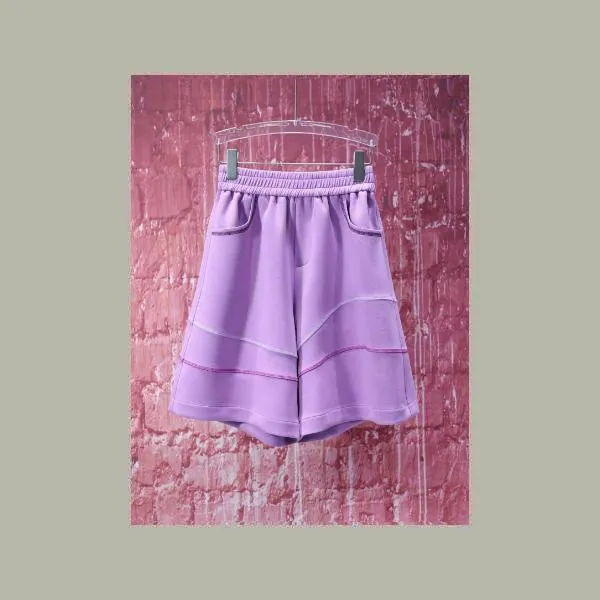 【韩哥女装】夏季欧货设计师薰衣草紫彩色线条拼接五分短裤8308