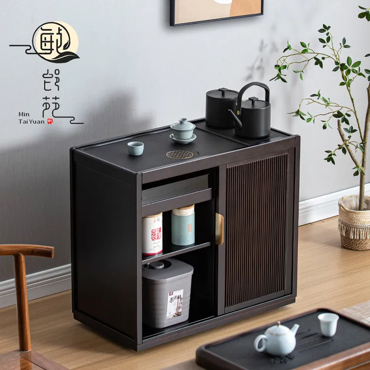 移动实木茶水柜乌檀木茶边柜整装茶台办公室家用烧水壶一体储物柜
