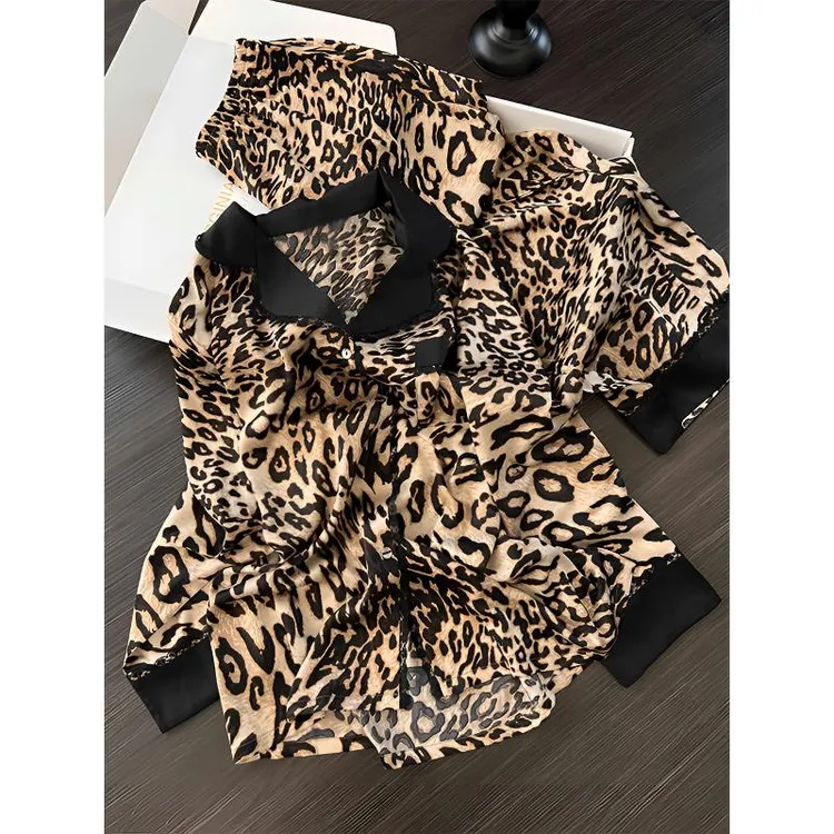 2026新款豹纹印花睡衣女春秋季长袖长裤法式高级感时尚宽松家居服